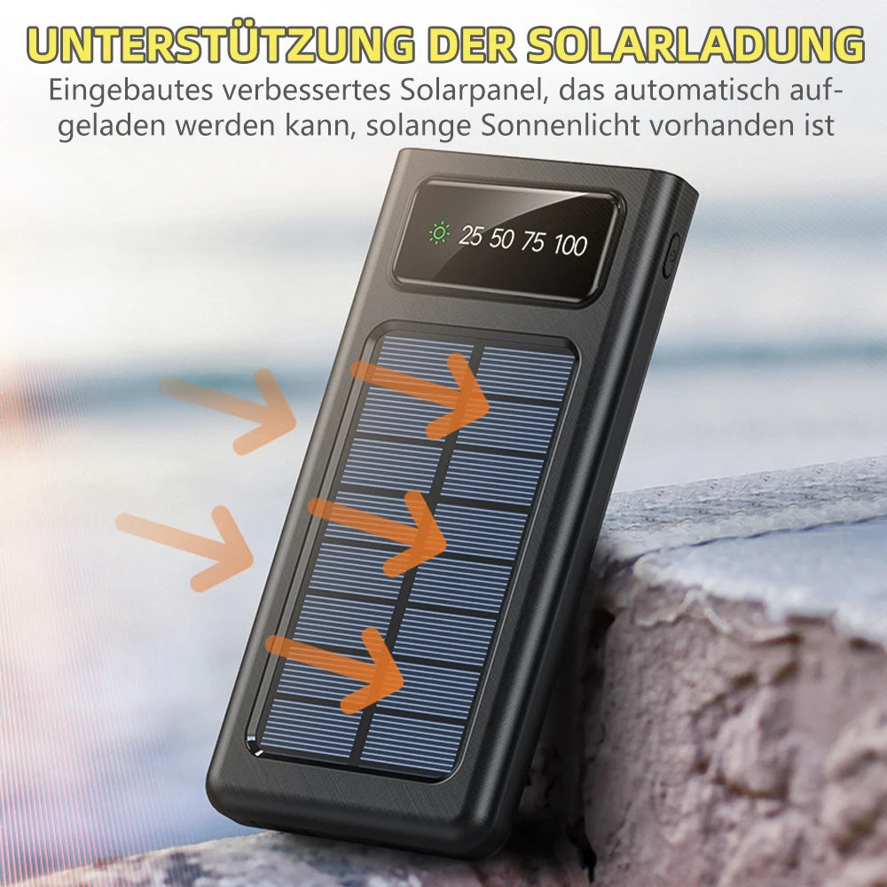Solar Charger Power Bank Portable External Battery Waterproof USB Built In 3 Charging Cables Dual LED Flashlight Digital Display Multi Port Outdoor Camping Travel Emergency Phone Charger
