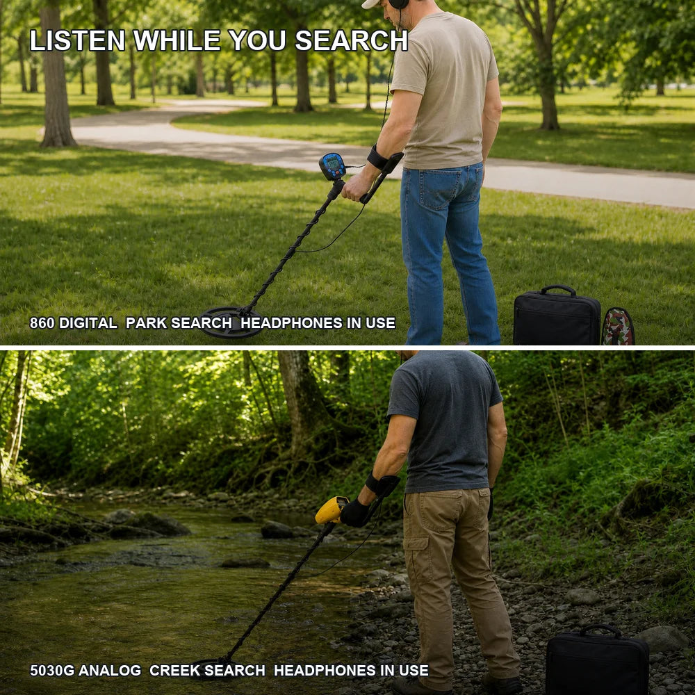Metal Detector Kit for Adults Waterproof Search Coil Adjustable Stem Gold Coin Jewelry Treasure Finder with Headphones Carry Bag Analog Meter or Digital LCD for Beach Park Field Camping Outdoor Use