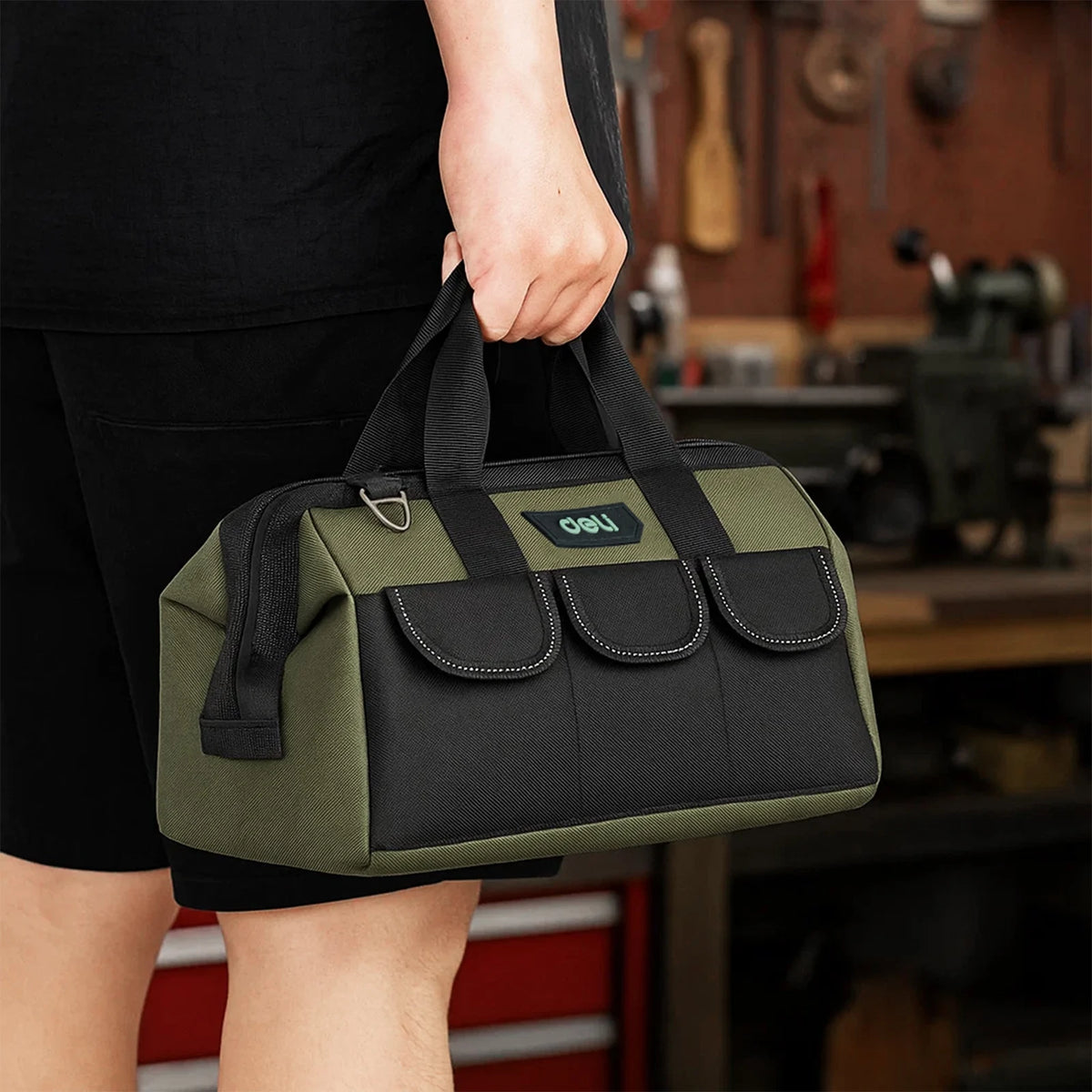 Deli 13 Inch Tool Bag Oxford Cloth Waterproof Double Sided Pockets with Shoulder Strap for Mechanics HVAC Engineers