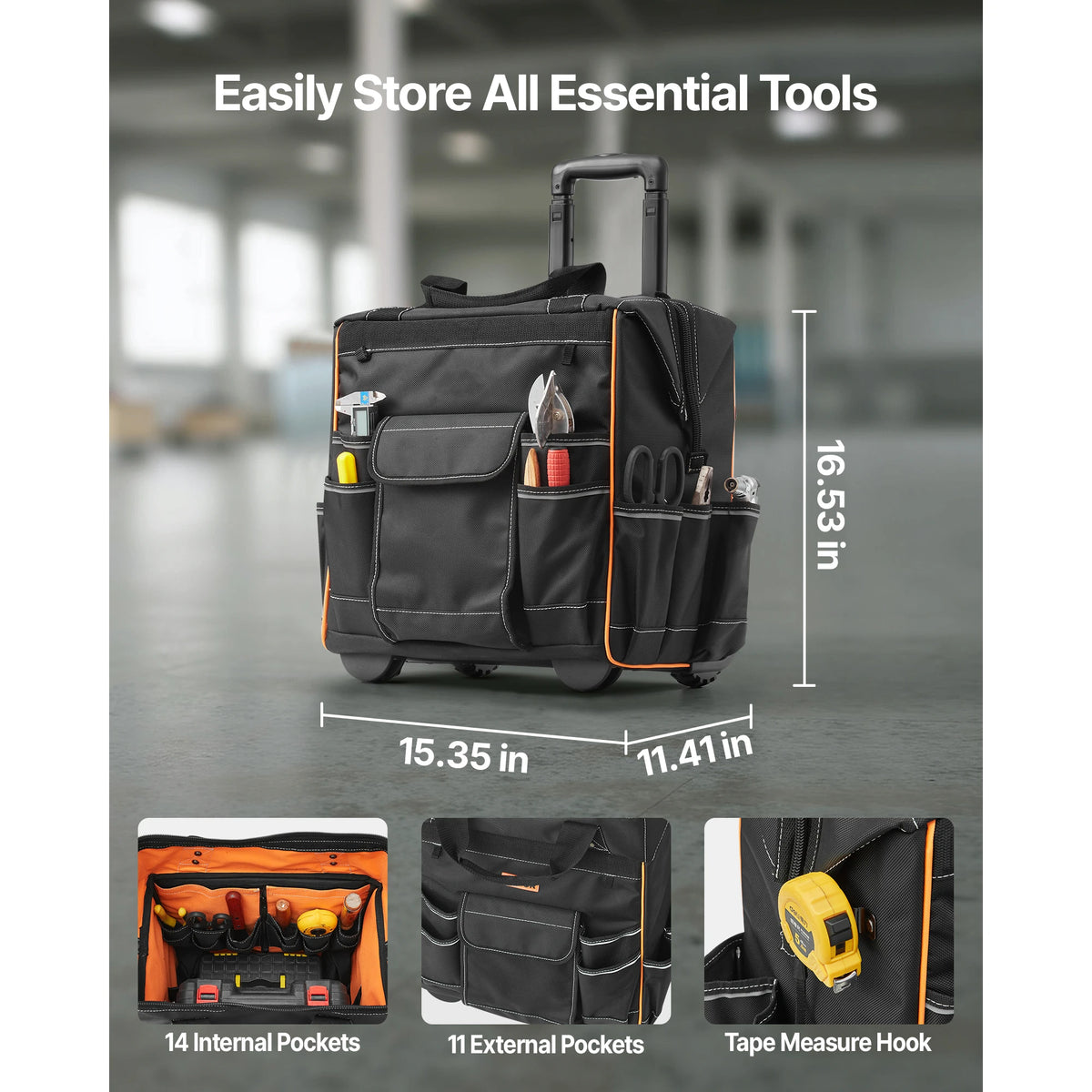 SucceBuy Rolling Tool Bag 110 lbs Load Capacity 25 Pockets Adjustable Handle & Stable Organizers with Wheels for Construction