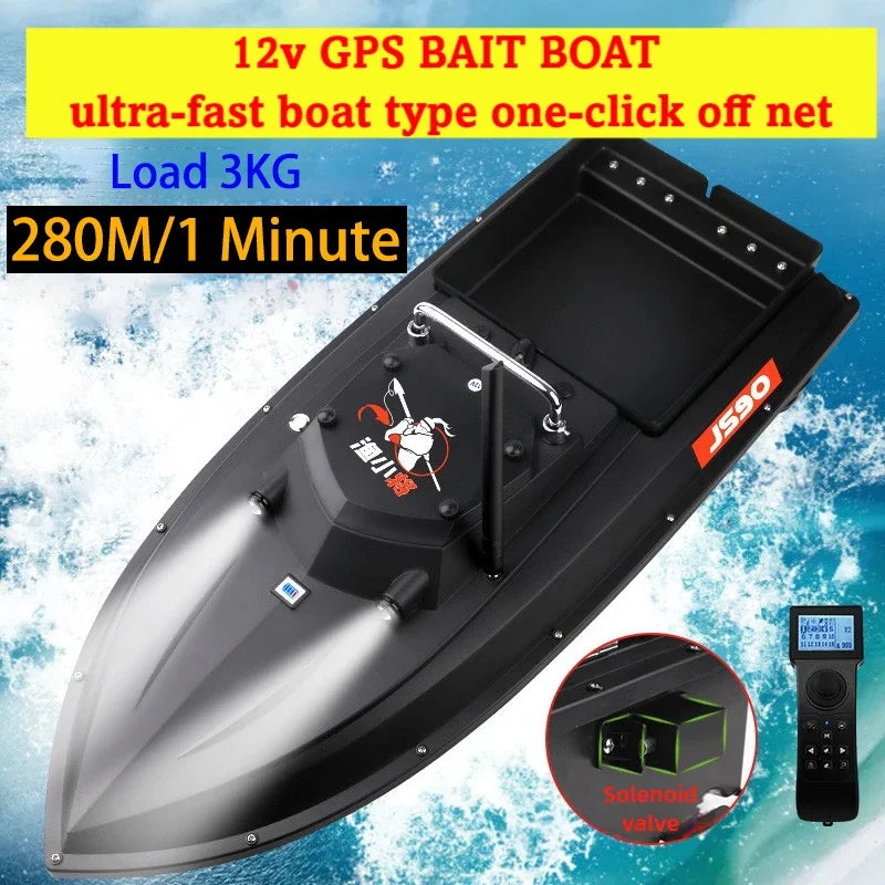 JS90 12V GPS Bait Boat 280m/1 Minute 100 Fishing Spots Load 3KG Automatic Cruise Return 3-speed Adjustment Night Fishing Boat