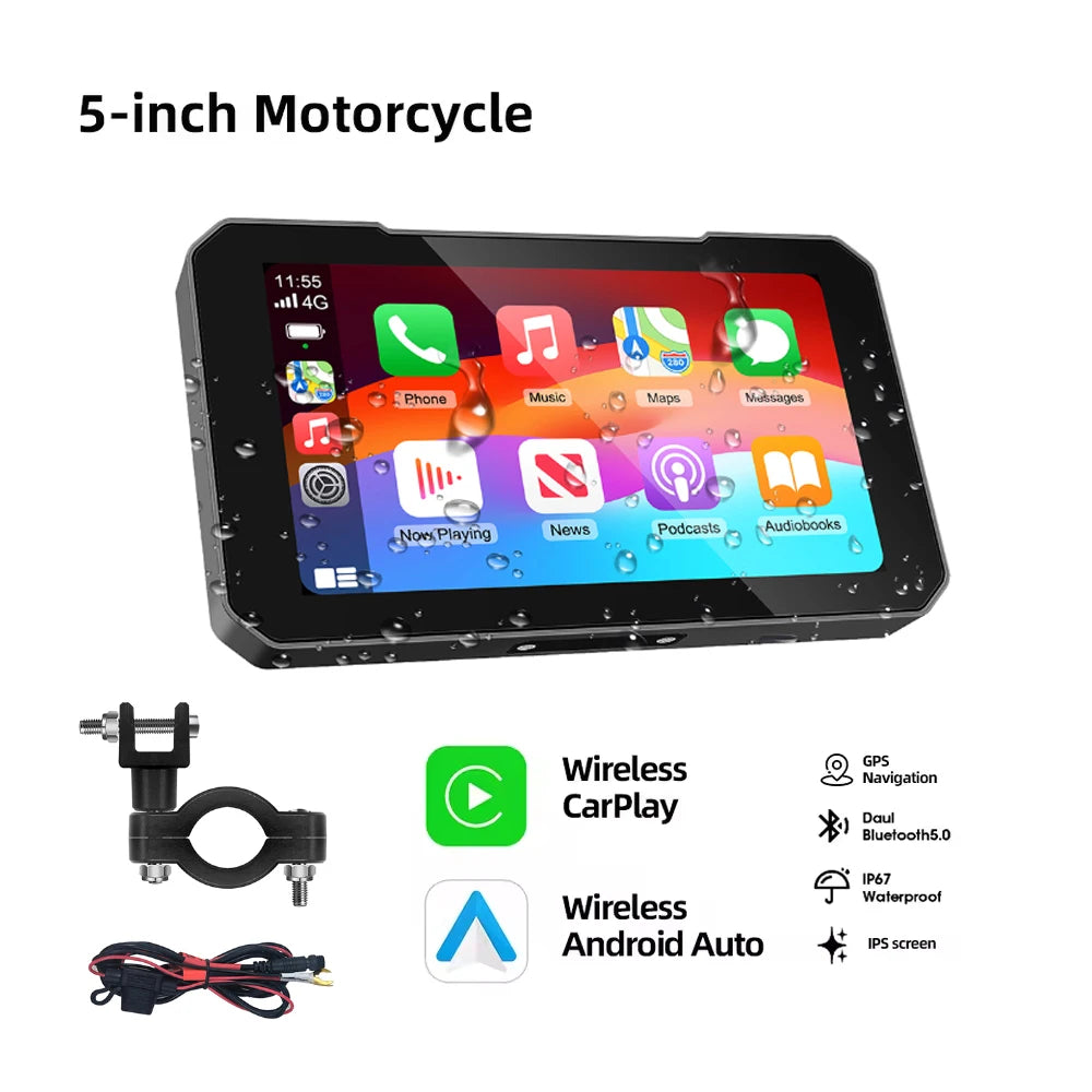 5-Inch Touch Screen Motorcycle CarPlay Screen Support Wireless CarPlay and Android Auto Waterproof