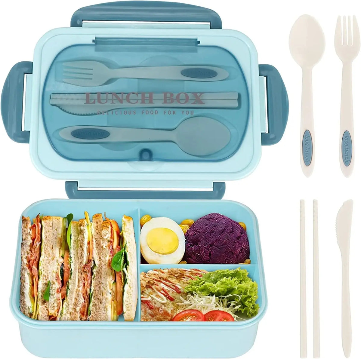 1200ML Bento Lunch Box For Adults Office Picnic, Leak-Resistant Container With Utensils, 3 Sections, Microwave-Safe ﻿