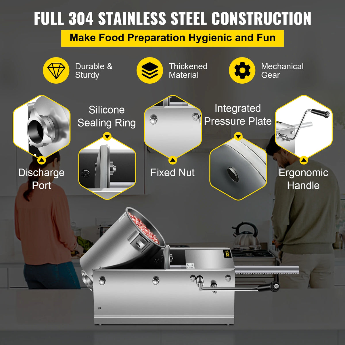 SucceBuy 3L Horizontal Sausage Stuffer Manual Sausage Maker Stainless Steel With 5 Filling Nozzles For Home & Commercial Use
