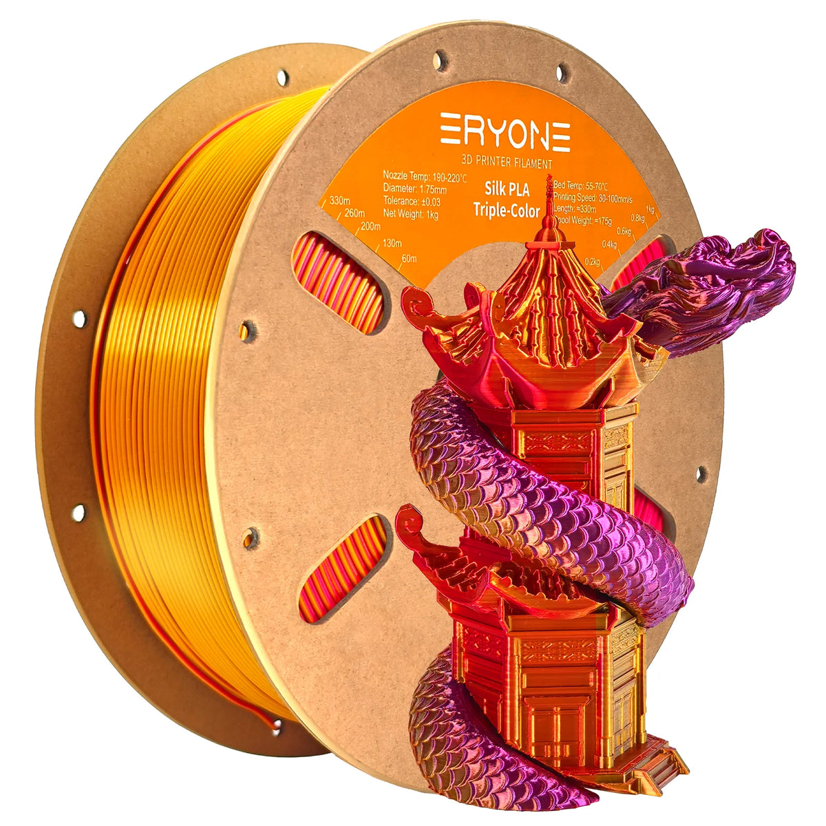 ERYONE 1KG Silk Triple Color Series PLA 3D Printer Filament 1.75mm, Tri-Color Coextrusion Silky Shiny Finish, 1kg Spool