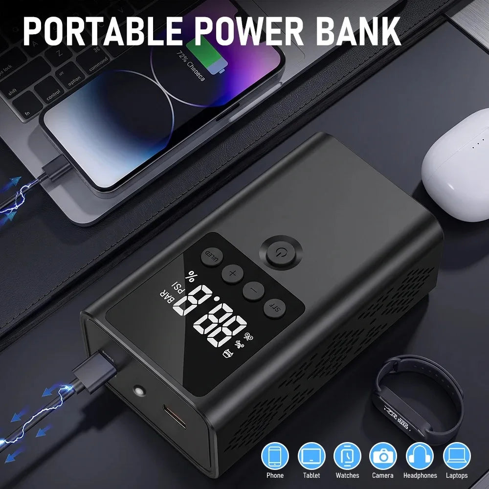 Car Jump Starter with Air Compressor Peak 1500A Auto Battery Booster 150PSI Air Pump Portable Power Bank Tire Inflator