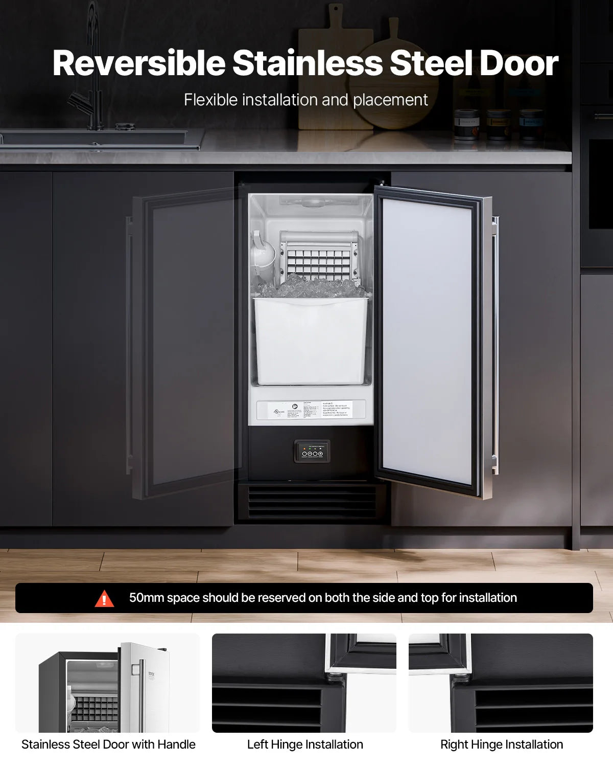 SucceBuy Undercounter Built-in Ice Maker Under Counter Ice Maker Machine w/ Drain Pump Reversible Door Stainless Steel for Home