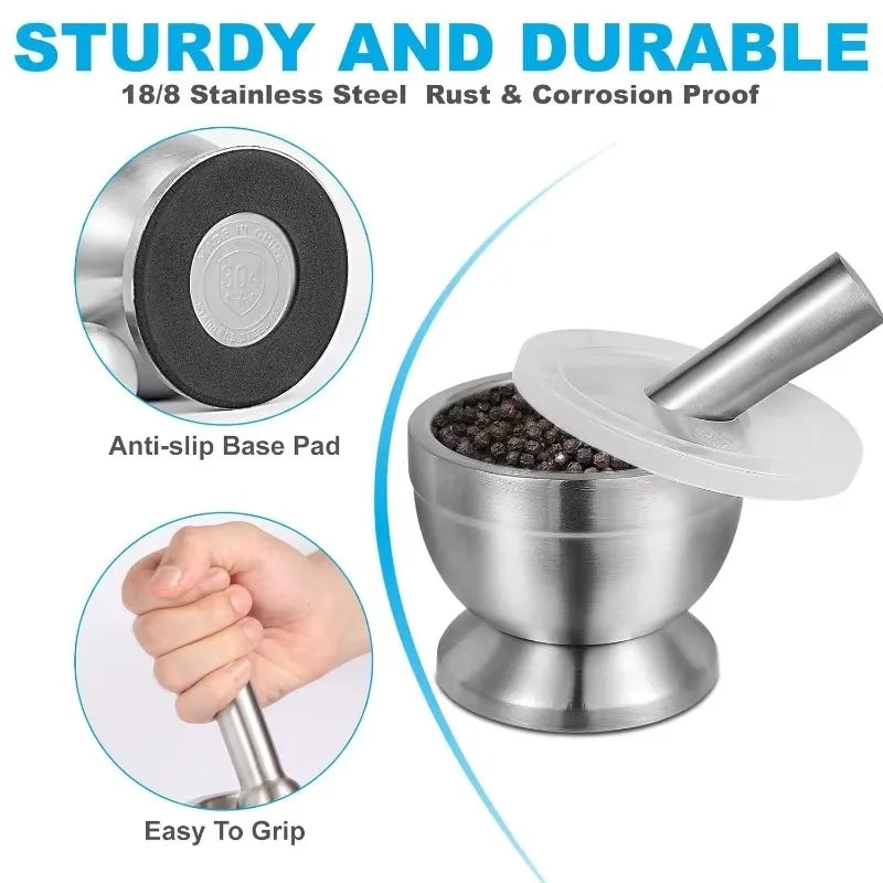 1Pc 18/8 (304) Stainless Steel Mortar and Pestle Set, Mortar and Pestle with Non-Slip Base for Spice Grinder, Pesto Maker for Kitchen