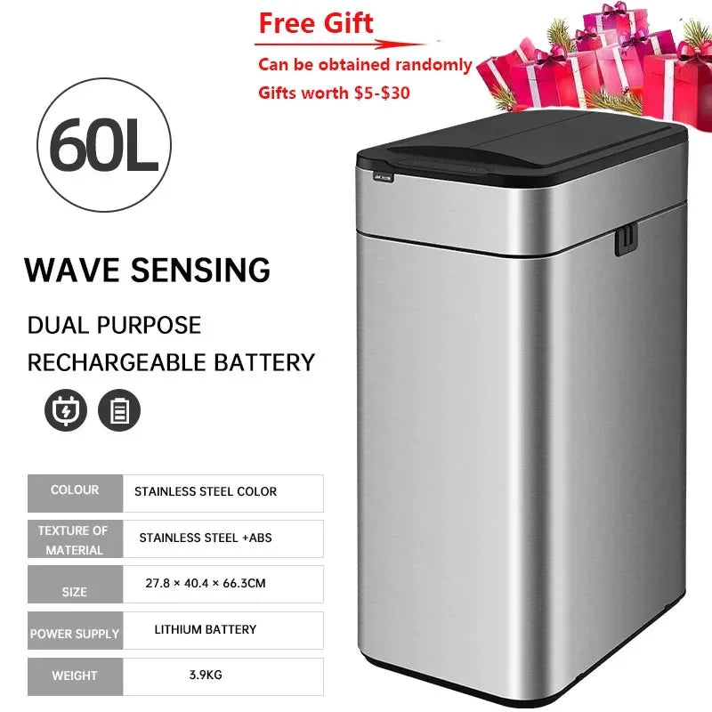 9/15/20/30/40/50/60L Garbage Bin Large-capacity Stainless Steel Smart Sensor Trash Can Automatic Waste Bins Kitchen Trash Can
