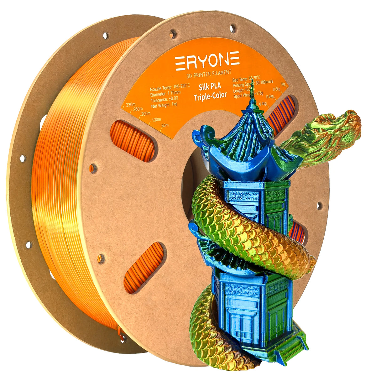 ERYONE 1KG Silk Triple Color Series PLA 3D Printer Filament 1.75mm, Tri-Color Coextrusion Silky Shiny Finish, 1kg Spool
