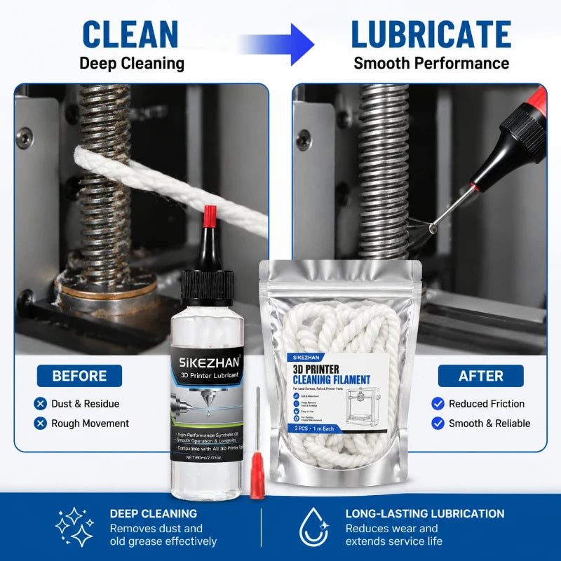 3D Printer Maintenance Kit,Lubricant Oil + Braided Cleaning Rope, Smooth Lubrication & Residue Removal for Rails Screws Nozzles