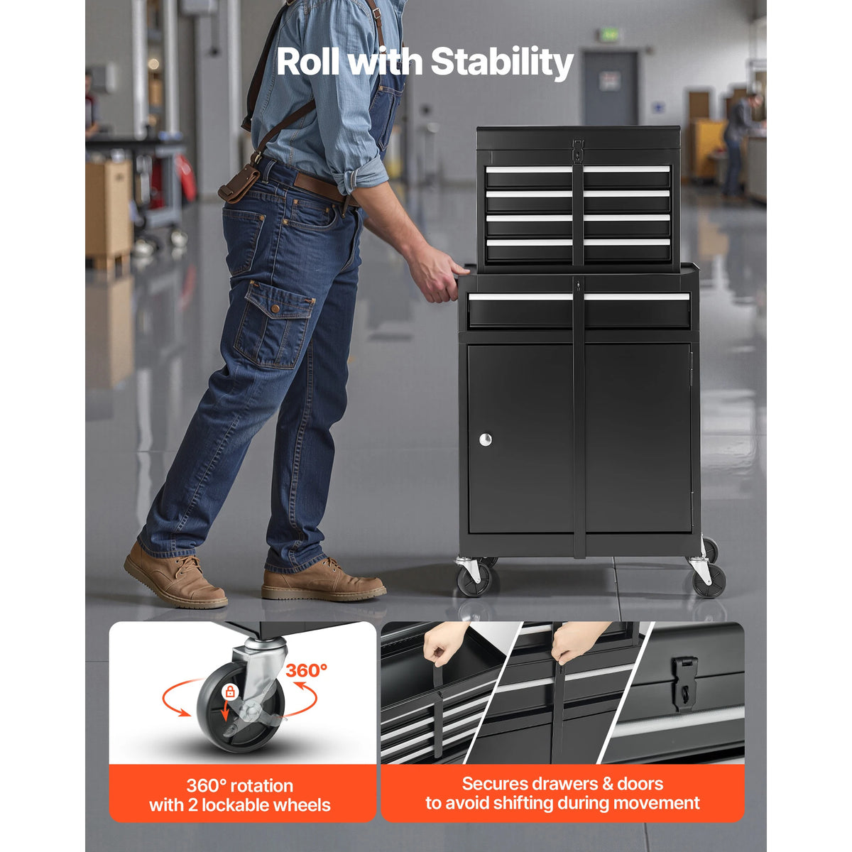 SucceBuy Rolling Tool Chest 5 Drawers Tool Cabinet Organizer with Detachable Top Metal Toolbox Lock Bar for Warehouse Workshop
