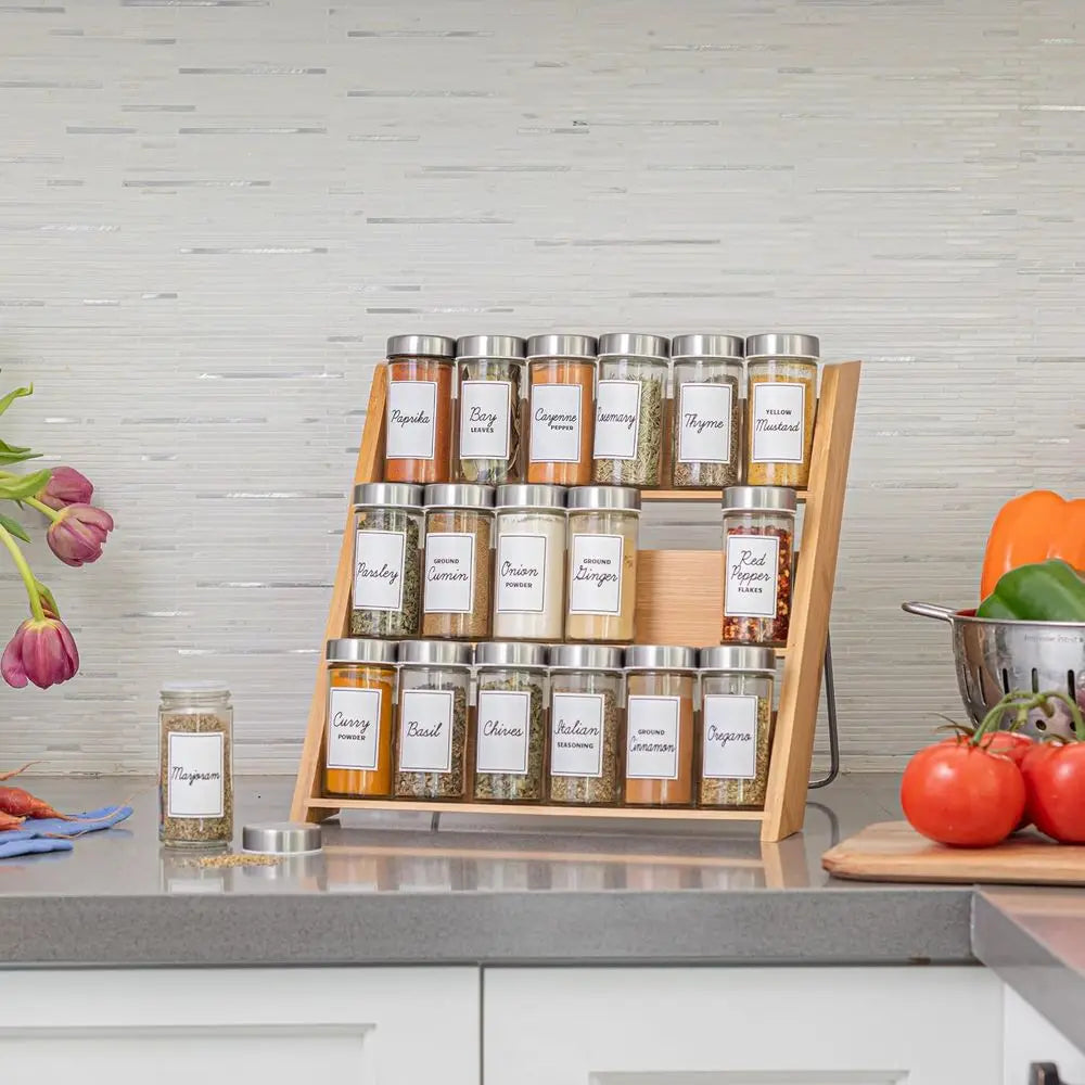 18 Jar Bamboo Compact Spice Rack with Spices Included & 5-Year Free Spice Refill Program Countertop or Kitchen Drawer with Glass