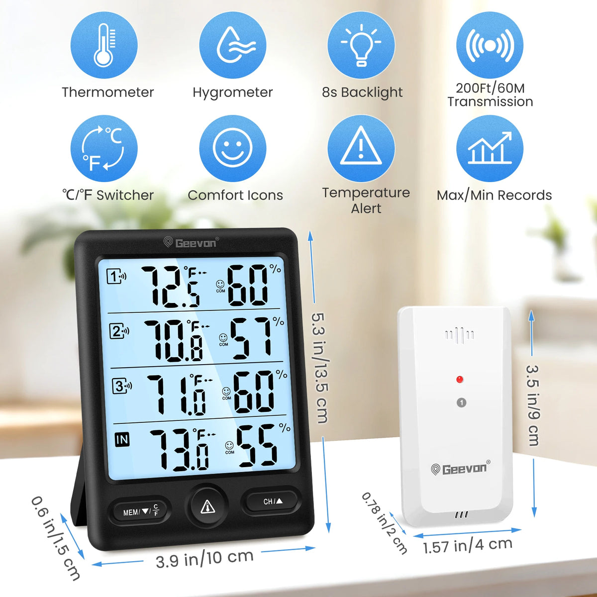 Geevon Indoor Outdoor Thermometer Wireless 3 Remote Sensors, 5-Inch Display Digital Hygrometer Thermometer Temperature Humidity