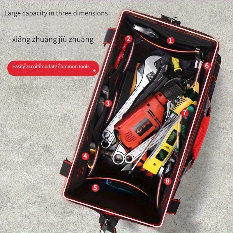 One-Piece Red and Green 20-Inch 51X46X 23cm Electrician's Tool Bag, Oxford Cloth Tool Box, Tool Pouch, Woodworking Storage Bag with Plastic Bottom, with Adjustable Shoulder Strap