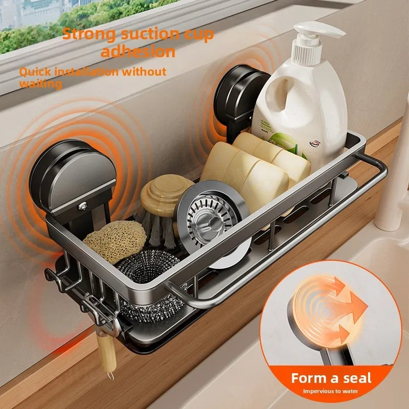 No-Drill Sink Storage Kitchen Rack Suction Cup Cloth Drainer Rack Multifunctional Wall-Mounted Sink Shelf Drainer Utensils Dish